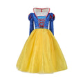 Girls fairytale princess costume dress with blue puff-sleeve bodice, red lacing and yellow shimmer tulle skirt - view 6