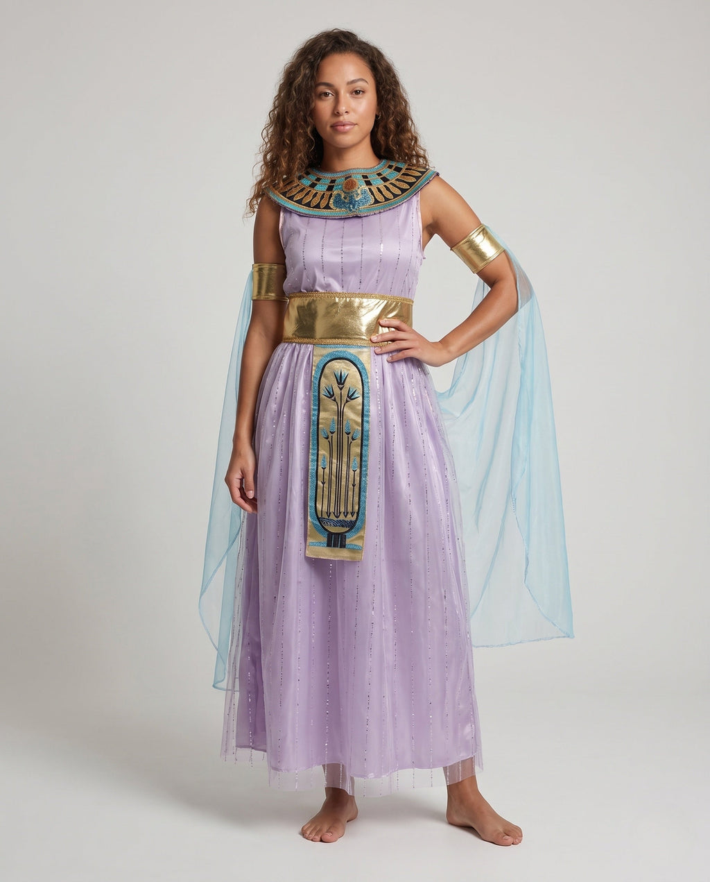 Women's lavender Egyptian queen Halloween costume with beaded collar, gold belt and blue chiffon drapes