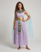Women's lavender Egyptian queen Halloween costume with beaded collar, gold belt and blue chiffon drapes