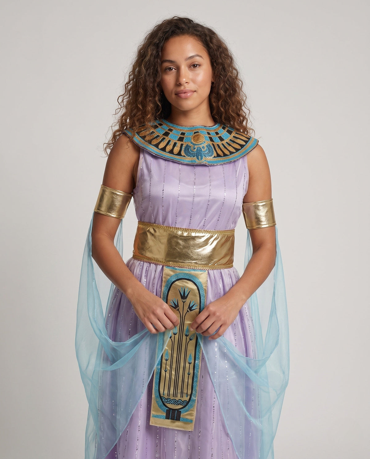 Women's lavender Egyptian queen Halloween costume with beaded collar, gold belt and blue chiffon drapes - view 2
