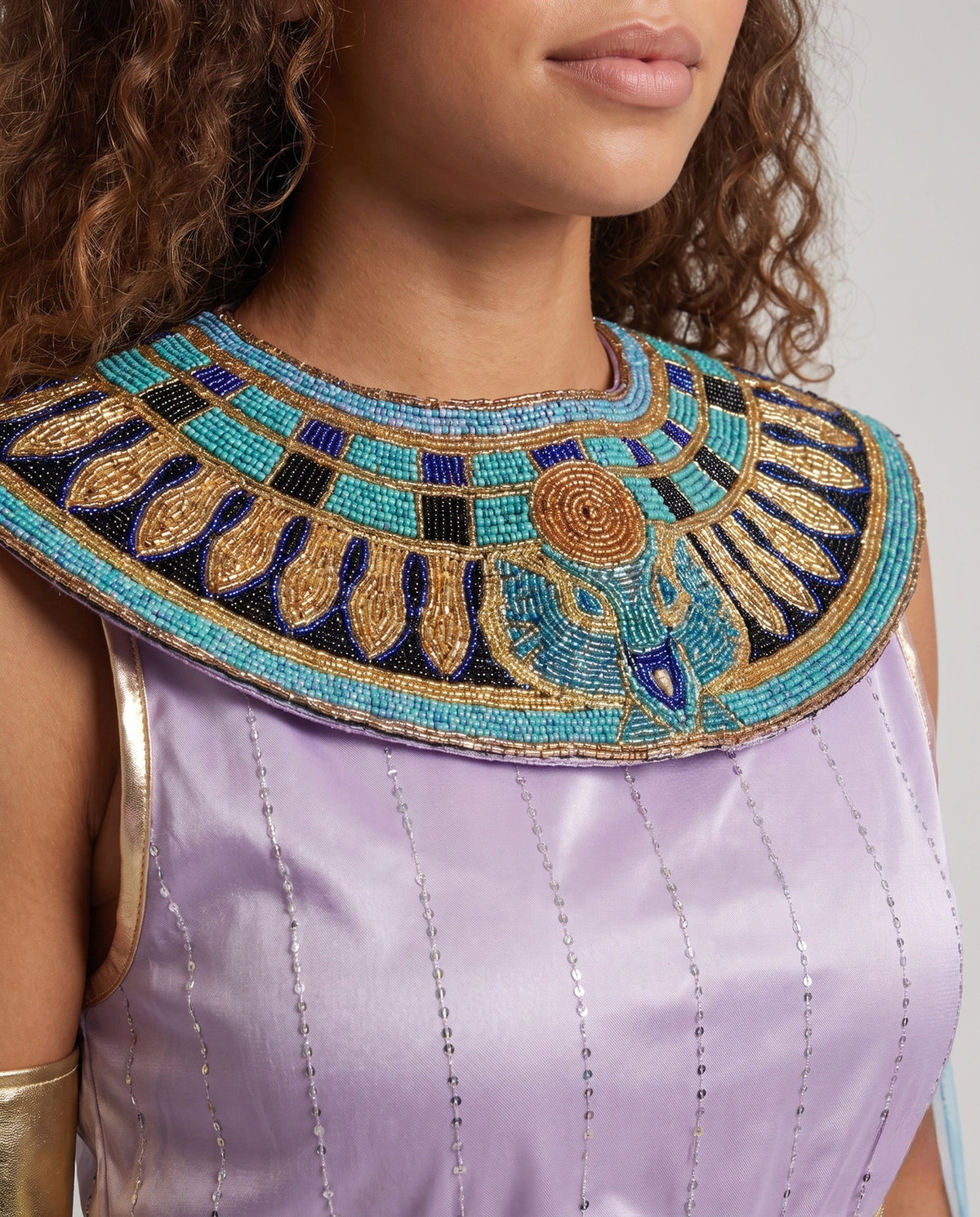 Women's lavender Egyptian queen Halloween costume with beaded collar, gold belt and blue chiffon drapes - view 3