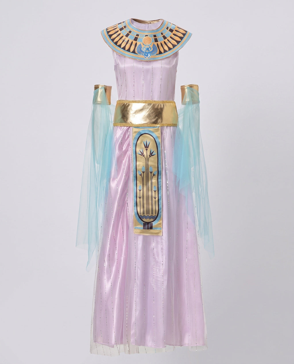 Women's lavender Egyptian queen Halloween costume with beaded collar, gold belt and blue chiffon drapes - view 5
