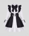 Women's black and white maid Halloween costume with ruffled apron, laced waist and large bow - view 5