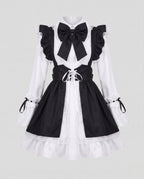 Women's black and white maid Halloween costume with ruffled apron, laced waist and large bow - view 5