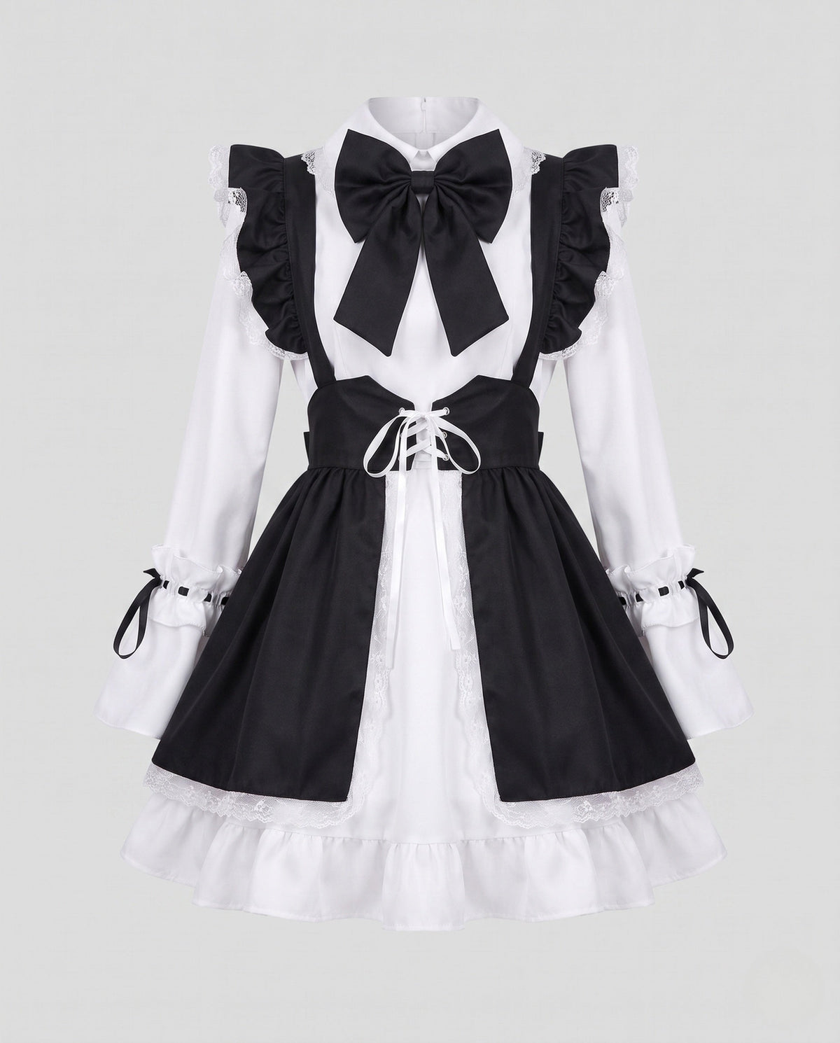 Women's black and white maid Halloween costume with ruffled apron, laced waist and large bow - view 5