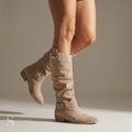 Andie slouchy faux suede knee high boots for women with ankle strap, side zip and low stacked heel