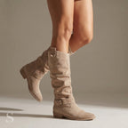 Andie slouchy faux suede knee high boots for women with ankle strap, side zip and low stacked heel