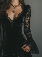 Black velvet long sleeve mini dress with sheer lace sleeves, flared cuffs and lace-trimmed V-neck - view 2