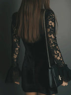 Black velvet long sleeve mini dress with sheer lace sleeves, flared cuffs and lace-trimmed V-neck - view 3