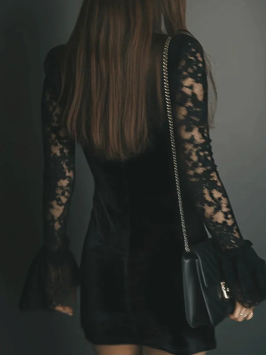 Black velvet long sleeve mini dress with sheer lace sleeves, flared cuffs and lace-trimmed V-neck - view 3