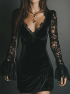 Black velvet long sleeve mini dress with sheer lace sleeves, flared cuffs and lace-trimmed V-neck - view 4