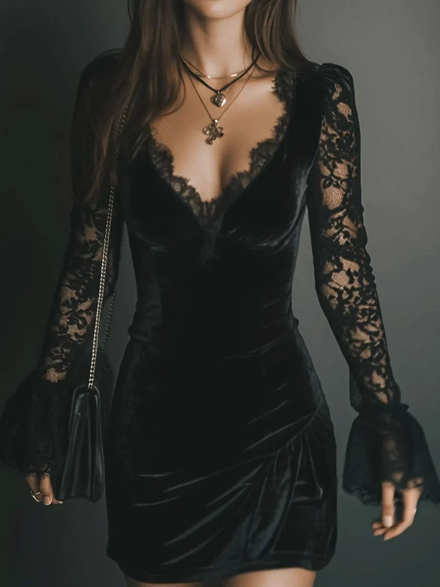 Black velvet long sleeve mini dress with sheer lace sleeves, flared cuffs and lace-trimmed V-neck - view 4