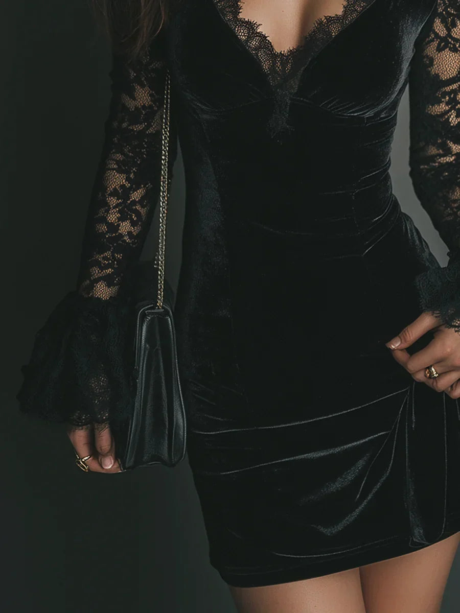 Black velvet long sleeve mini dress with sheer lace sleeves, flared cuffs and lace-trimmed V-neck - view 5
