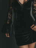Black velvet long sleeve mini dress with sheer lace sleeves, flared cuffs and lace-trimmed V-neck - view 5