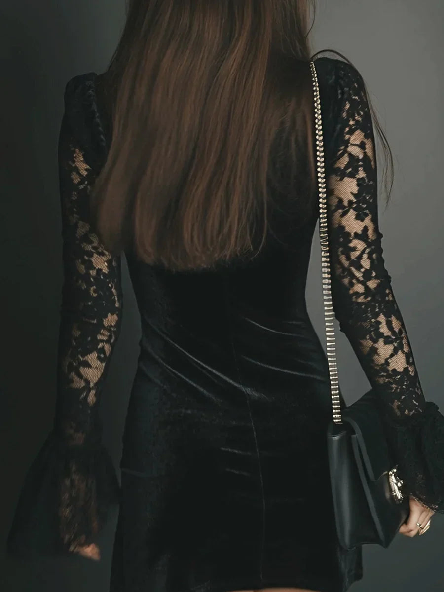 Black velvet long sleeve mini dress with sheer lace sleeves, flared cuffs and lace-trimmed V-neck - view 6