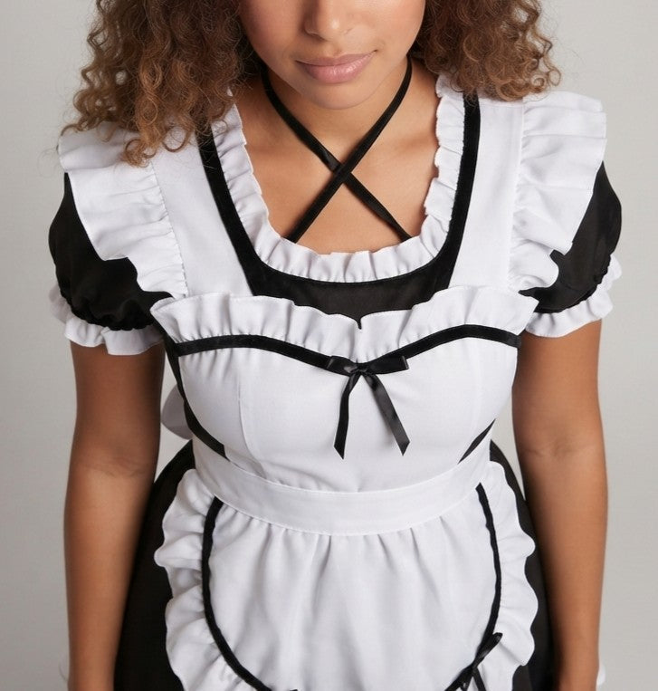 Women's maid Halloween costume dress with ruffled white apron and puff sleeves - view 2