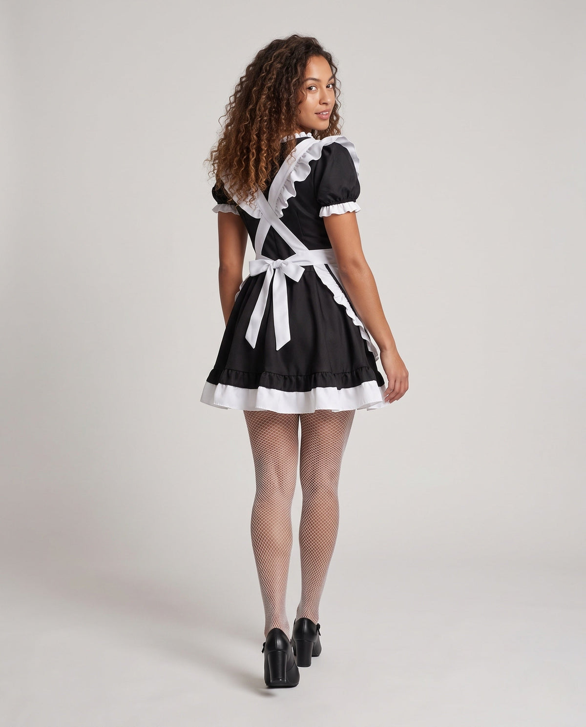 Women's maid Halloween costume dress with ruffled white apron and puff sleeves - view 3