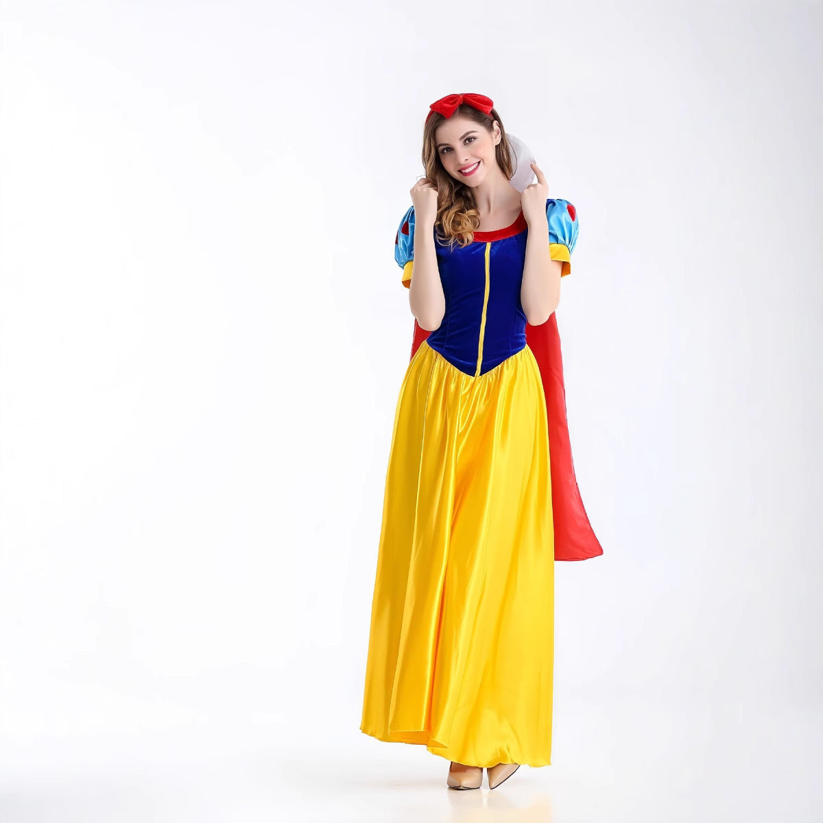 Women's princess Halloween costume with velvet bodice, puff sleeves, long satin skirt and cape - view 3