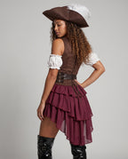 Women's pirate costume with plaid lace-up bodice and burgundy ruffle skirt - view 3