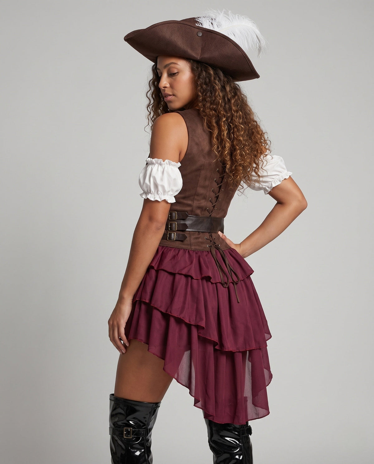Women's pirate costume with plaid lace-up bodice and burgundy ruffle skirt - view 3