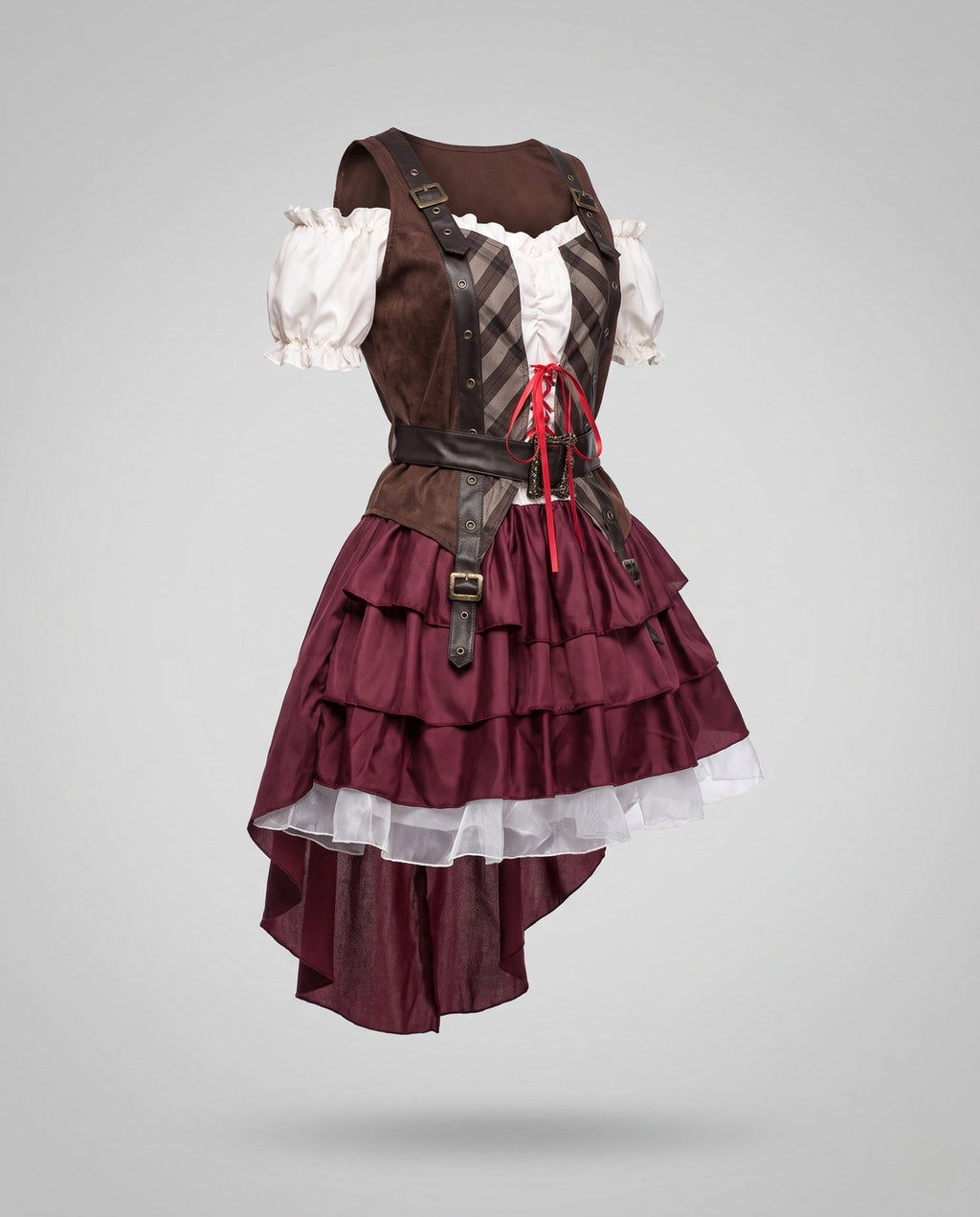 Women's pirate costume with plaid lace-up bodice and burgundy ruffle skirt - view 4