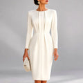 Fitted pleated midi dress with long sleeves and round neckline