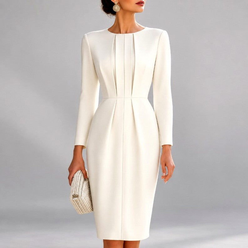 Fitted pleated midi dress with long sleeves and round neckline