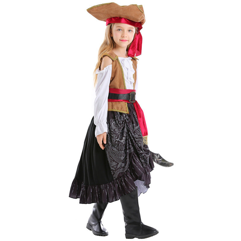 Girl wearing a pirate costume with off-shoulder white top, brown vest, red sash belt and black paisley high-low skirt - view 2