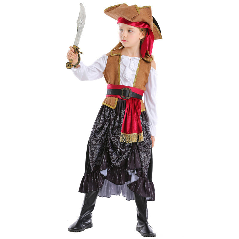 Girl wearing a pirate costume with off-shoulder white top, brown vest, red sash belt and black paisley high-low skirt - view 3