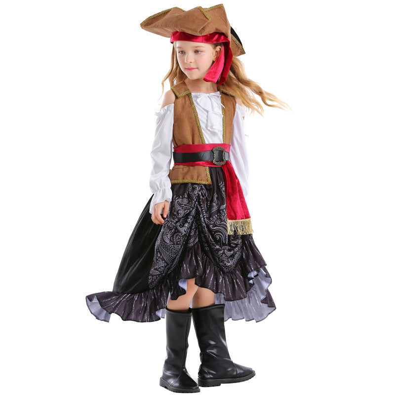 Girl wearing a pirate costume with off-shoulder white top, brown vest, red sash belt and black paisley high-low skirt - view 4