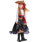 Girl wearing a pirate costume with off-shoulder white top, brown vest, red sash belt and black paisley high-low skirt - view 4