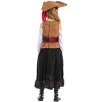 Girl wearing a pirate costume with off-shoulder white top, brown vest, red sash belt and black paisley high-low skirt - view 5