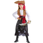 Girl wearing a pirate costume with off-shoulder white top, brown vest, red sash belt and black paisley high-low skirt - view 6