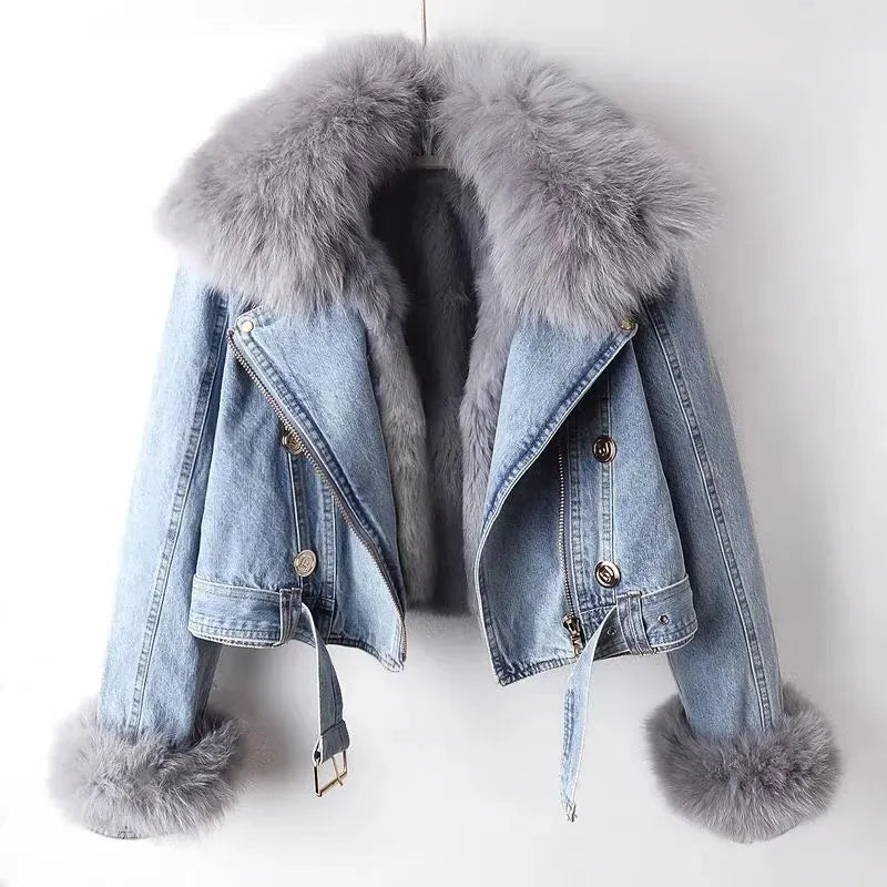 Annika cropped faux fur collar denim jacket - front view