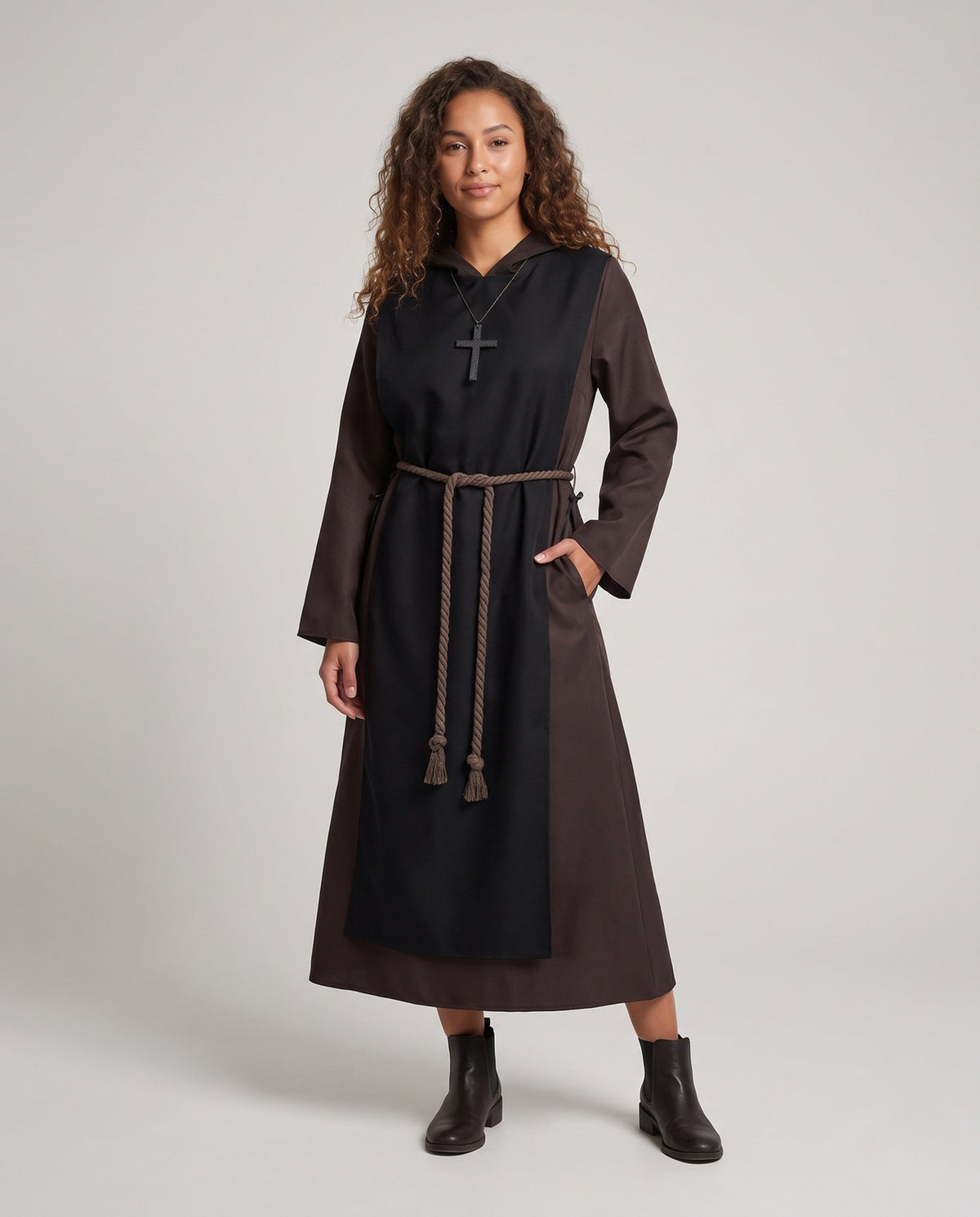 Women's hooded nun Halloween costume robe with contrast front panel