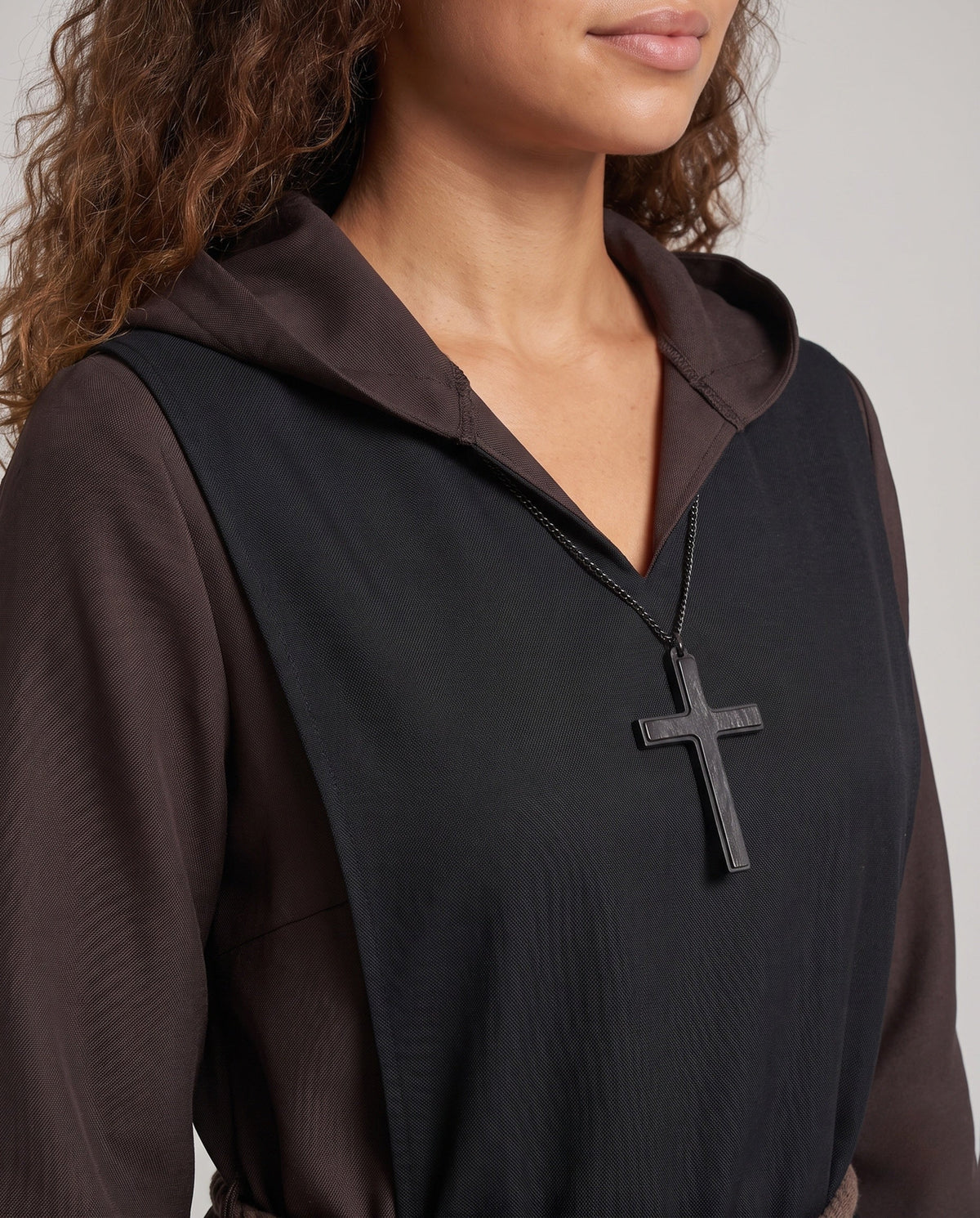 Women's hooded nun Halloween costume robe with contrast front panel - view 2