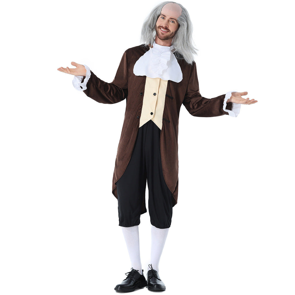 Men's colonial Halloween costume with brown tailcoat, white ruffled jabot, black knee pants and gray wig - view 2