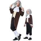 Men's colonial Halloween costume with brown tailcoat, white ruffled jabot, black knee pants and gray wig - view 3