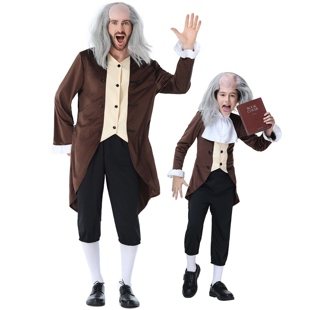Men's colonial Halloween costume with brown tailcoat, white ruffled jabot, black knee pants and gray wig - view 5