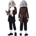 Men's colonial Halloween costume with brown tailcoat, white ruffled jabot, black knee pants and gray wig - view 6