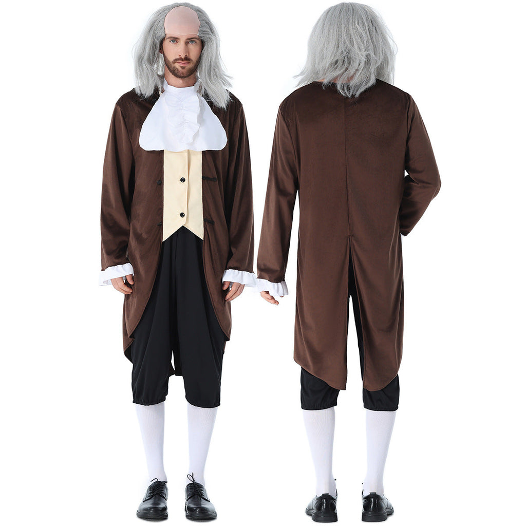 Men's colonial Halloween costume with brown tailcoat, white ruffled jabot, black knee pants and gray wig - view 7