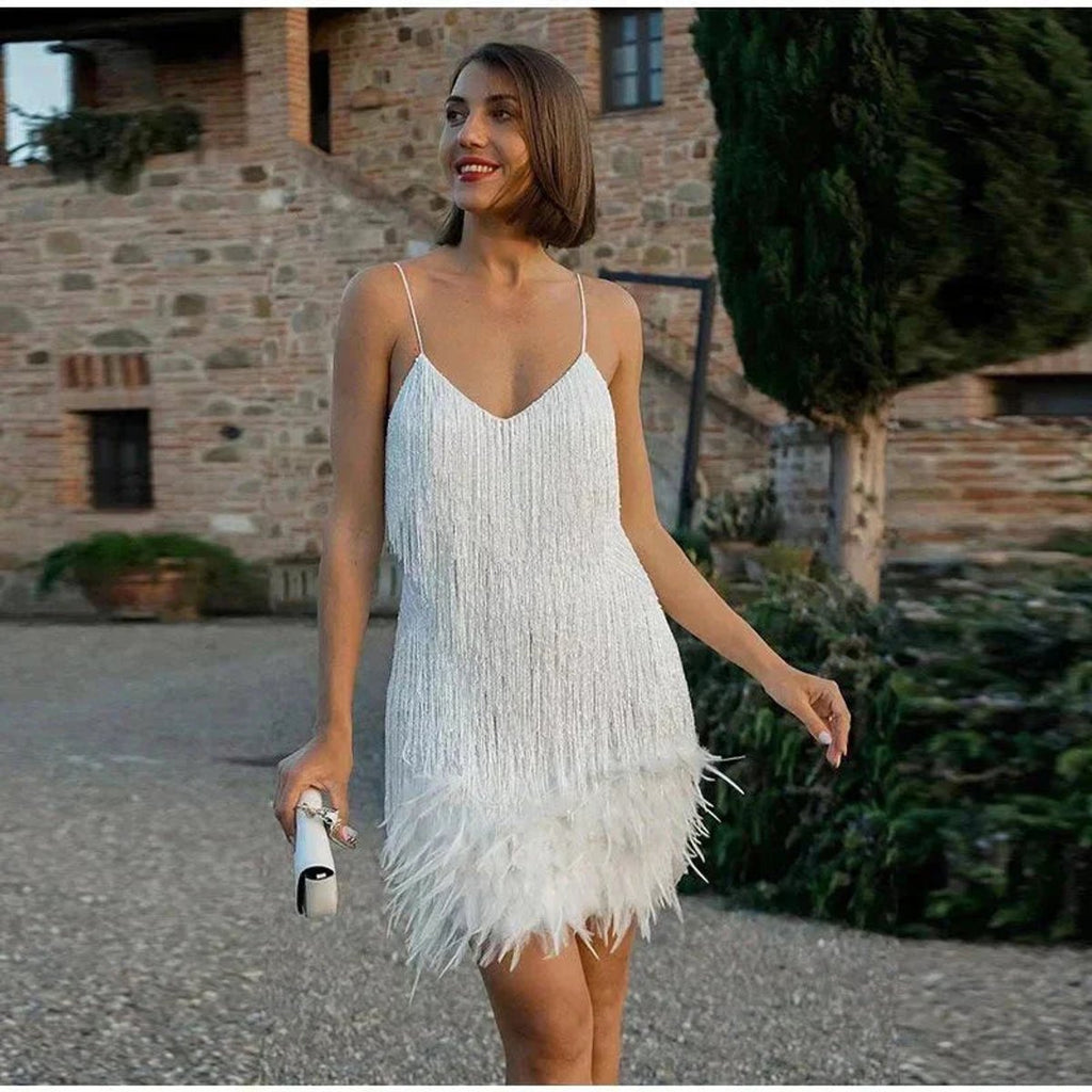 Sequin fringe mini dress with feather hem, V-neck and spaghetti straps - view 2