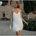 Sequin fringe mini dress with feather hem, V-neck and spaghetti straps - view 2