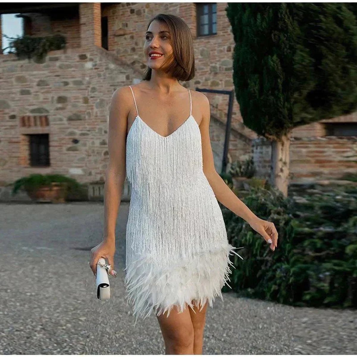 Sequin fringe mini dress with feather hem, V-neck and spaghetti straps - view 2