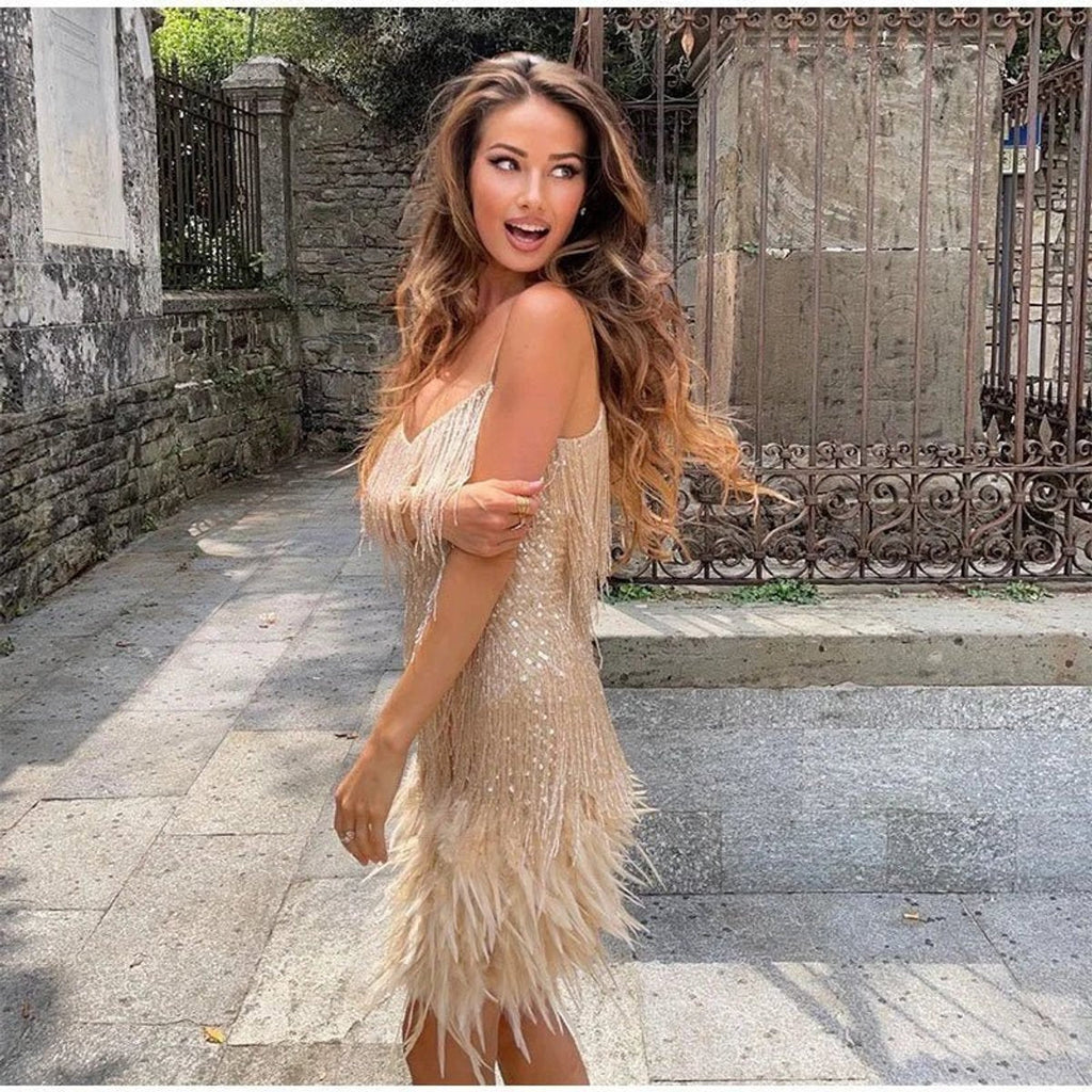 Sequin fringe mini dress with feather hem, V-neck and spaghetti straps - view 4