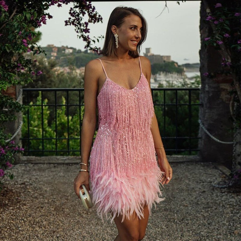 Sequin fringe mini dress with feather hem, V-neck and spaghetti straps - view 5