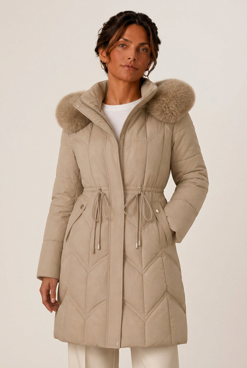 Quilted knee-length puffer jacket for women with faux fur hood and cinched waist