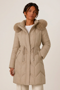 Quilted knee-length puffer jacket for women with faux fur hood and cinched waist