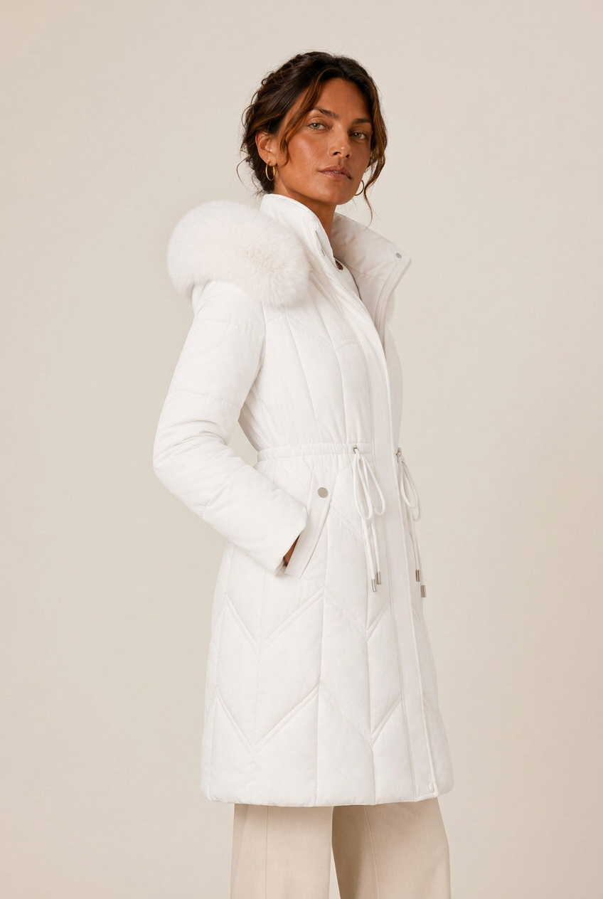 Quilted knee-length puffer jacket for women with faux fur hood and cinched waist - view 11