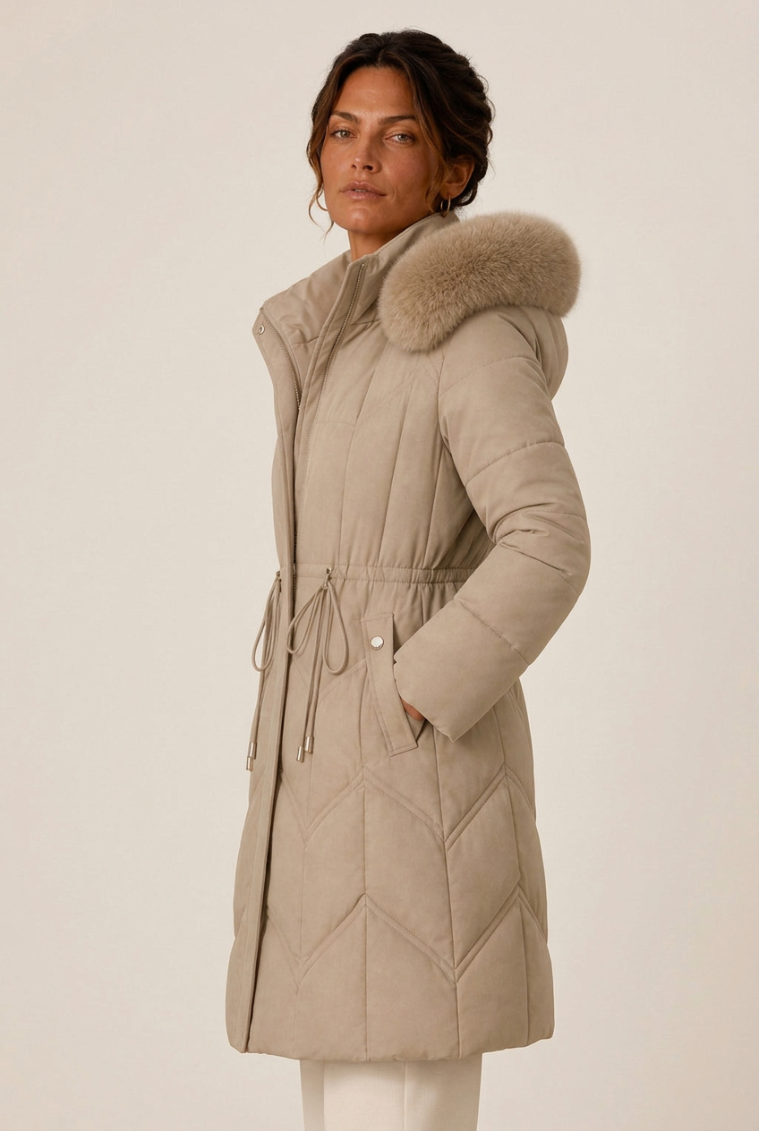 Quilted knee-length puffer jacket for women with faux fur hood and cinched waist - view 2